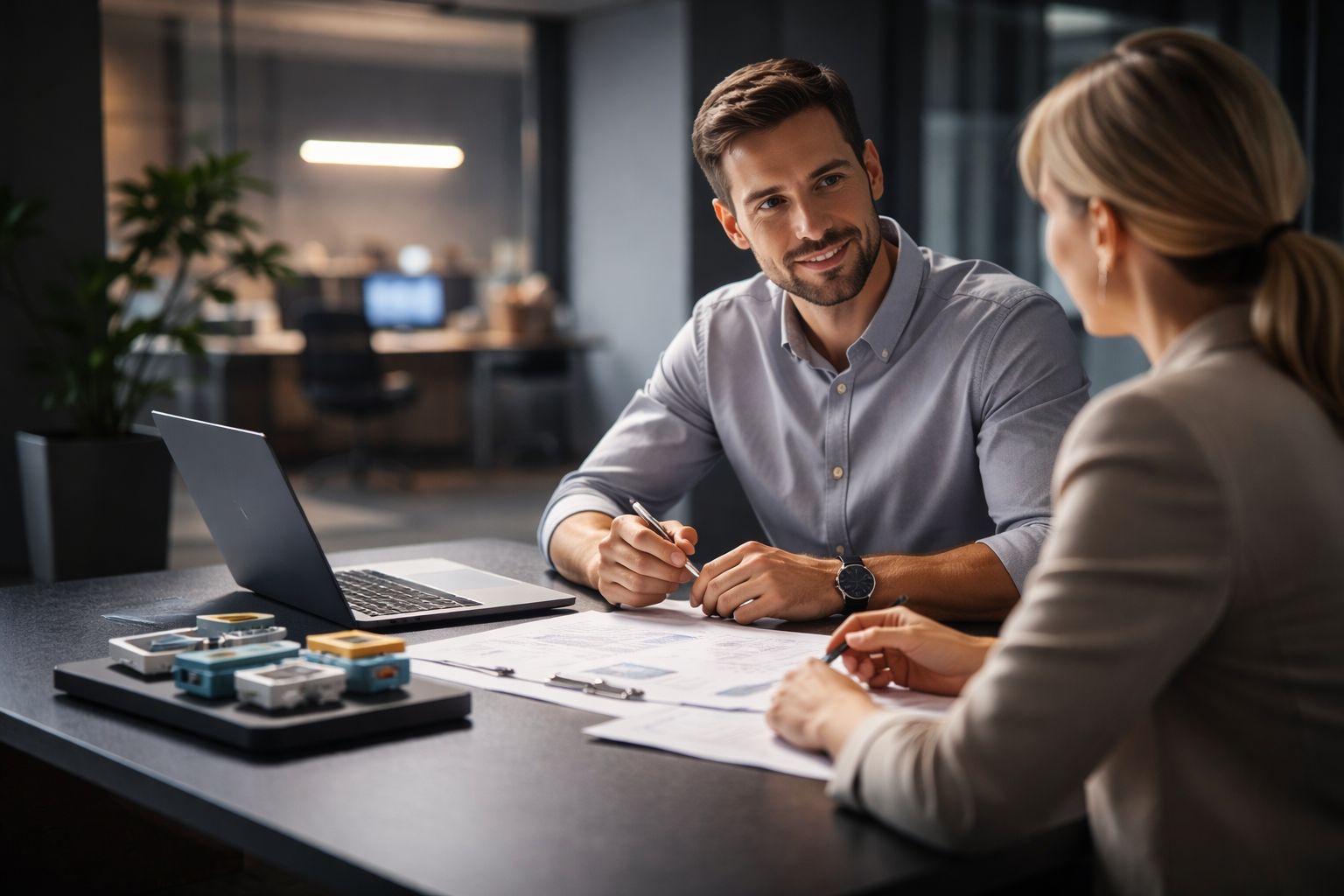 Beratungsgespräch zur Planung eines 3D-Druck-Projekts im Marketingkontext